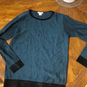 Ladies 100% silk top Teal with Black trim at collar,sleeve and bottom.